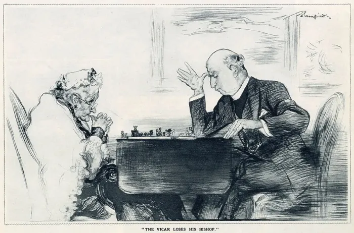 Framed Print : Leaves from Life: a New Series of Studies by Edmund Blampied. A Vicar being challenged in a chess match against an elderly woman. Date: 1933 Framed Print : Leaves from Life: a New Series of Studies by Edmund Blampied. A Vicar being challenged in a chess match against an elderly woman. Date: 1933