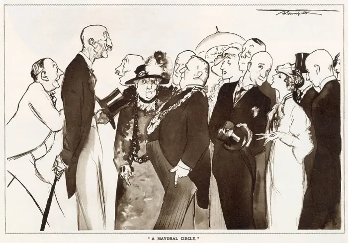 Framed Print : Leaves from Life: a New Series of Studies by Edmund Blampied. A line of wealthy citizens waiting to see the mayor. Date: 1933 Framed Print : Leaves from Life: a New Series of Studies by Edmund Blampied. A line of wealthy citizens waiting to see the mayor. Date: 1933