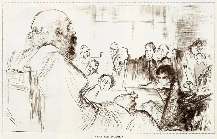 Framed Print : Leaves from Life: a New Series of Studies by Edmund Blampied. A class of art students drawing from a life model of a bearded gentleman. Date: 1933 Framed Print : Leaves from Life: a New Series of Studies by Edmund Blampied. A class of art students drawing from a life model of a bearded gentleman. Date: 1933