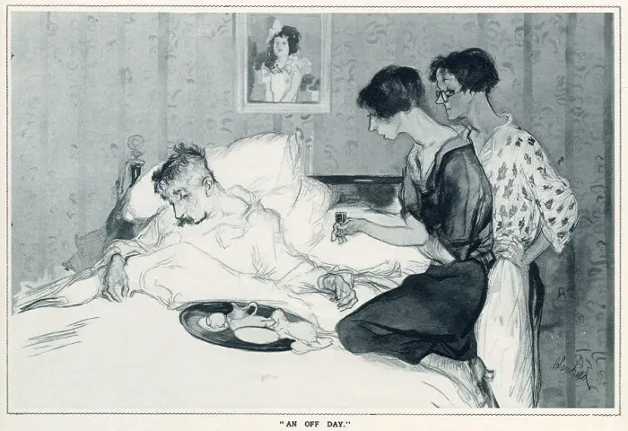 Framed Print : Leaves from Life: a New Series of Studies by Edmund Blampied. A sick man off work being tended to by two women. Date: 1933 Framed Print : Leaves from Life: a New Series of Studies by Edmund Blampied. A sick man off work being tended to by two women. Date: 1933