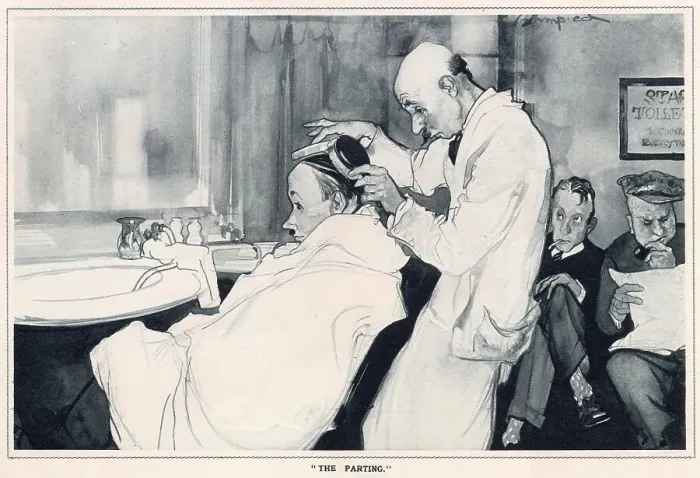 Framed Print : Leaves from Life: a New Series of Studies by Edmund Blampied.'A man getting his hair done in his local barber's shop. Date: 1933 Framed Print : Leaves from Life: a New Series of Studies by Edmund Blampied.'A man getting his hair done in his local barber's shop. Date: 1933
