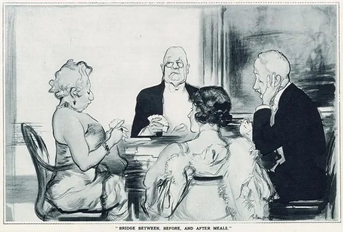Framed Print : Leaves from Life: a New Series of Studies by Edmund Blampied. Two wealthy couples playing a game of cards at dinner time. Date: 1933 Framed Print : Leaves from Life: a New Series of Studies by Edmund Blampied. Two wealthy couples playing a game of cards at dinner time. Date: 1933
