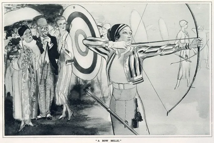 Framed Print : Leaves from Life: a New Series of Studies by Edmund Blampied. A woman at a females competition of archery. Date: 1933 Framed Print : Leaves from Life: a New Series of Studies by Edmund Blampied. A woman at a females competition of archery. Date: 1933