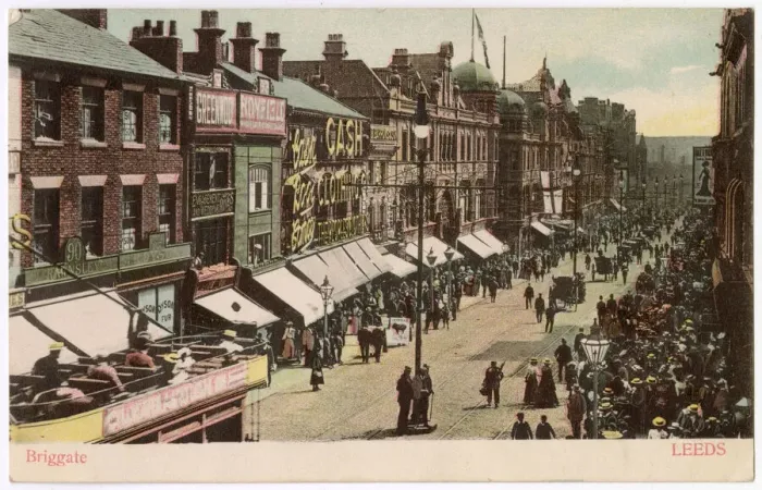 Framed Print : Leeds, Yorkshire: Briggate on a busy shopping day Date: circa 1902 Framed Print : Leeds, Yorkshire: Briggate on a busy shopping day Date: circa 1902