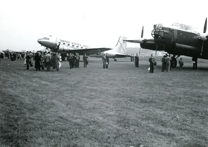 Framed Print : From left: A US Navy Douglas R4D-8 alongside an Avro Lin? Framed Print : From left: A US Navy Douglas R4D-8 alongside an Avro Lin?
