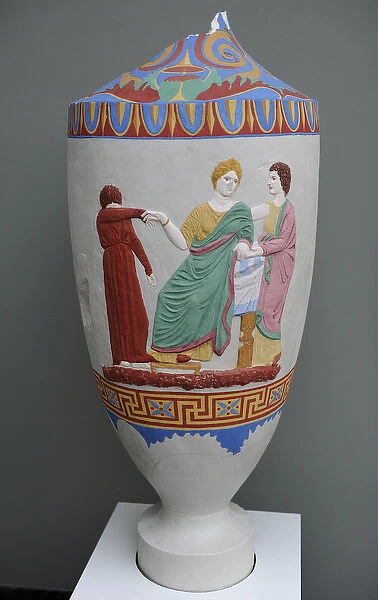 Lekythos decorated with reliefs depicting a goodbye with thr