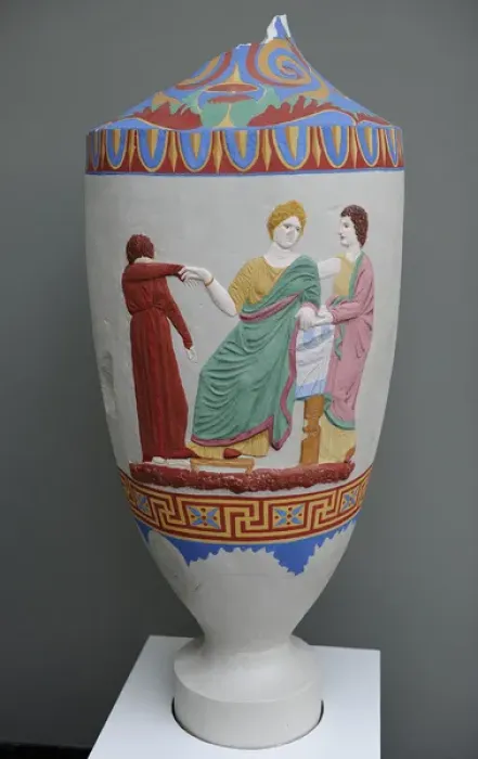 Framed Print : Lekythos decorated with reliefs depicting a goodbye with thr Framed Print : Lekythos decorated with reliefs depicting a goodbye with thr
