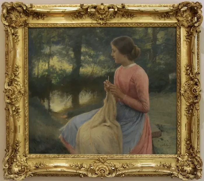Framed Print : Leon Delachaux (1850-1919). French painter. Girl knitting, 1 Framed Print : Leon Delachaux (1850-1919). French painter. Girl knitting, 1