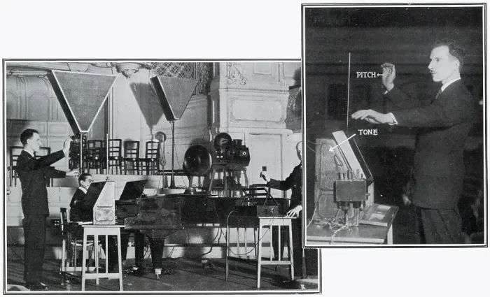 Framed Print : Leon Theremin (1896 - 1993) giving a demonstration of his electronic musical instrument to a group of invited Scientists (including Sir Oliver Lodge) at the Savoy Hotel and at an subsequently a concert at the Albert Hall (pictured) Framed Print : Leon Theremin (1896 - 1993) giving a demonstration of his electronic musical instrument to a group of invited Scientists (including Sir Oliver Lodge) at the Savoy Hotel and at an subsequently a concert at the Albert Hall (pictured)