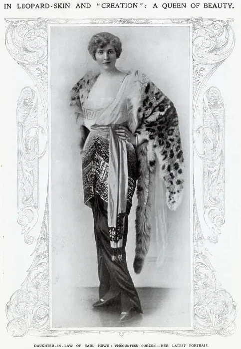 Framed Print : In leopard-skin and creation: a queen of beauty. Viscountess Curzon, wife of Earl Howe's only son, to whom she is a cousin. Before her marriage, in 1907, she was known as Miss Mary Curzon. Date: 1914 Framed Print : In leopard-skin and creation: a queen of beauty. Viscountess Curzon, wife of Earl Howe's only son, to whom she is a cousin. Before her marriage, in 1907, she was known as Miss Mary Curzon. Date: 1914