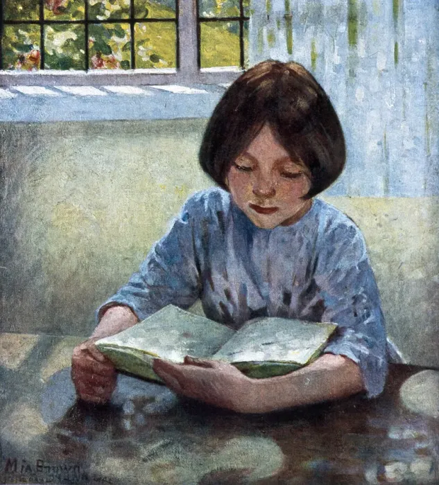 Framed Print : The Lesson, seated girl reading a book