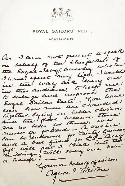 Letter by Agnes Weston Royal Sailors Rest Portsmouth