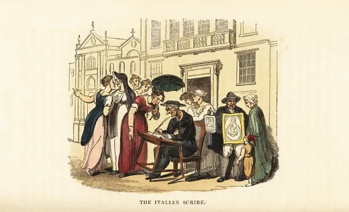 Framed Print : A letter writer with customers in Padua, Italy, 19th century Framed Print : A letter writer with customers in Padua, Italy, 19th century