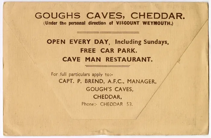 Framed Print : Lettercard, Gough's Caves, Cheddar, Somerset, under the personal direction of Viscount Weymouth, Date: circa 1930 Framed Print : Lettercard, Gough's Caves, Cheddar, Somerset, under the personal direction of Viscount Weymouth, Date: circa 1930