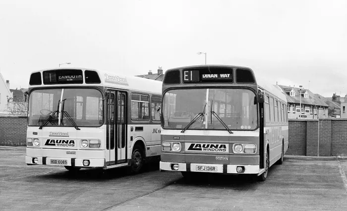Framed Print : Leyland National buses SFJ 136R and VOD 606S Framed Print : Leyland National buses SFJ 136R and VOD 606S