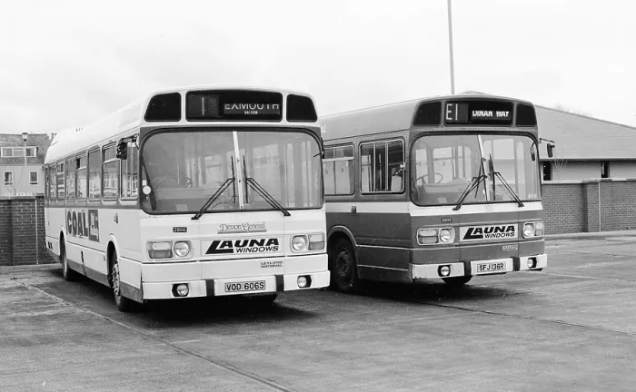 Framed Print : Leyland National buses SFJ 136R and VOD 606S Framed Print : Leyland National buses SFJ 136R and VOD 606S