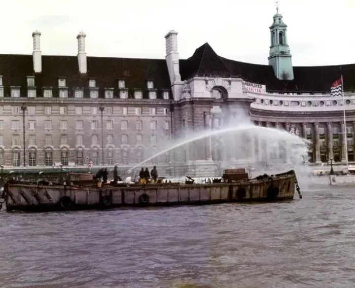 Framed Print : LFB fireboat in action outside County Hall, London Framed Print : LFB fireboat in action outside County Hall, London