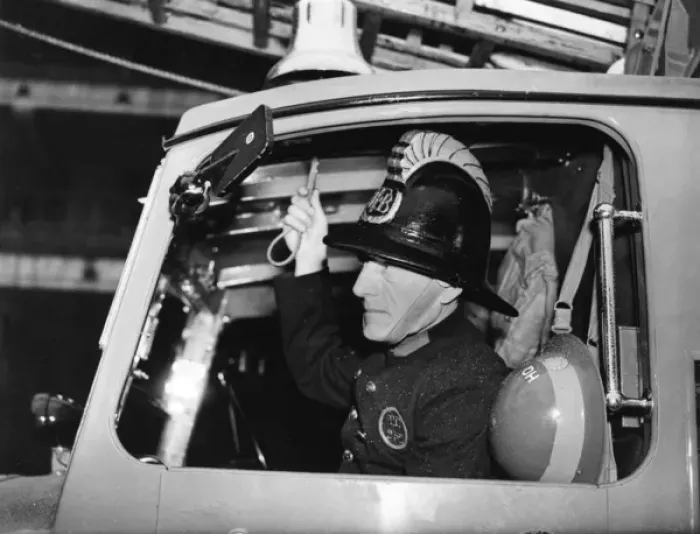 Framed Print : LFB firefighter in enclosed pump vehicle Framed Print : LFB firefighter in enclosed pump vehicle