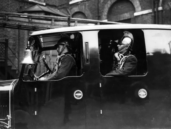 Framed Print : LFB firefighters in enclosed pump vehicle Framed Print : LFB firefighters in enclosed pump vehicle
