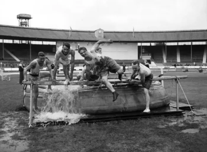 Framed Print : LFB firefighters in water dip, obstacle race Framed Print : LFB firefighters in water dip, obstacle race