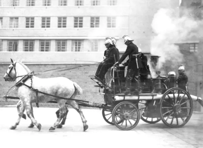Framed Print : LFB horse drawn steamer at modern LFB review Framed Print : LFB horse drawn steamer at modern LFB review