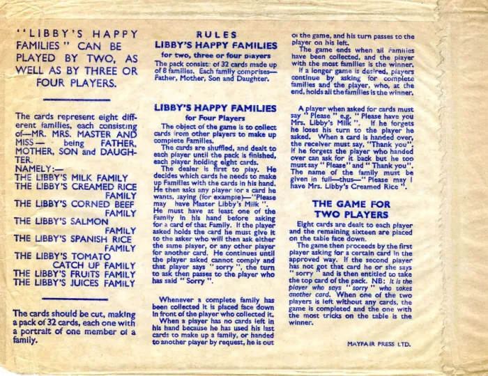 Framed Print : Libbys Happy Families Card Game Rules Framed Print : Libbys Happy Families Card Game Rules