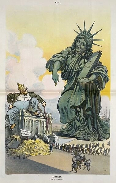 Liberty. Illustration shows a large man holding a cat-o -nine-tails labeled Schedules