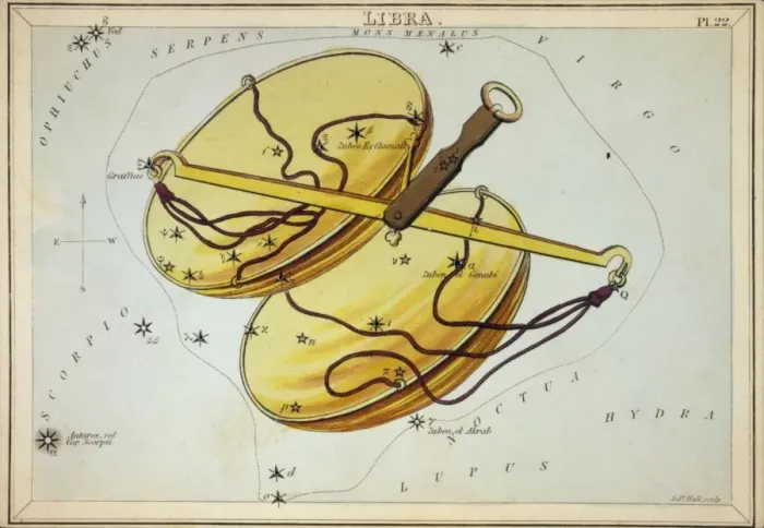 Framed Print : Libra. Astronomical chart showing a balance forming the constellation. Date 1825 Framed Print : Libra. Astronomical chart showing a balance forming the constellation. Date 1825