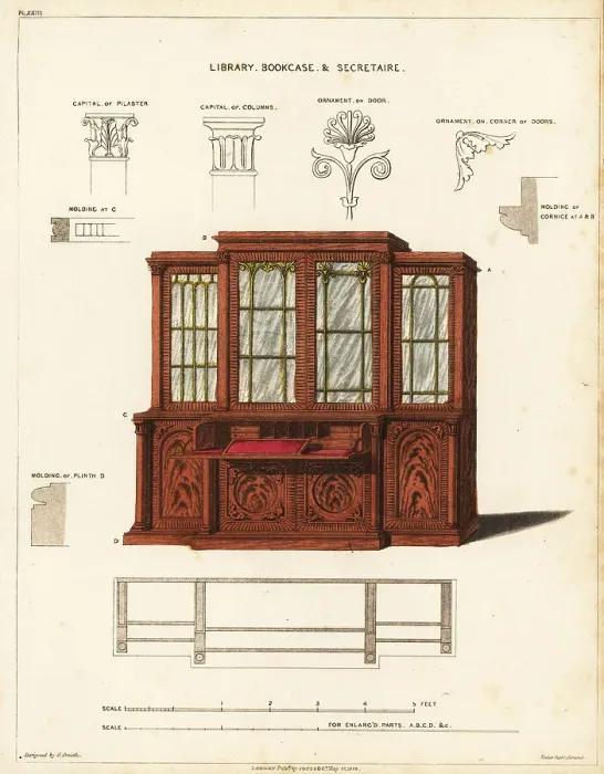 Framed Print : Library bookcase and secretaire, Regency style Framed Print : Library bookcase and secretaire, Regency style
