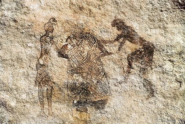 LIBYA. Tadrart Acacus. Anthropomorphic scene. Neolithic art. Cave
