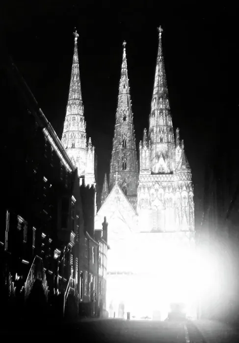 Framed Print : Lichfield Cathedral floodlit in 1951 Framed Print : Lichfield Cathedral floodlit in 1951