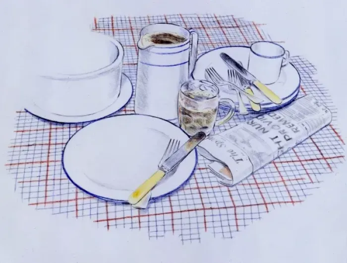 Framed Print : Still life with crockery, cutlery, beer glass and newspaper Framed Print : Still life with crockery, cutlery, beer glass and newspaper