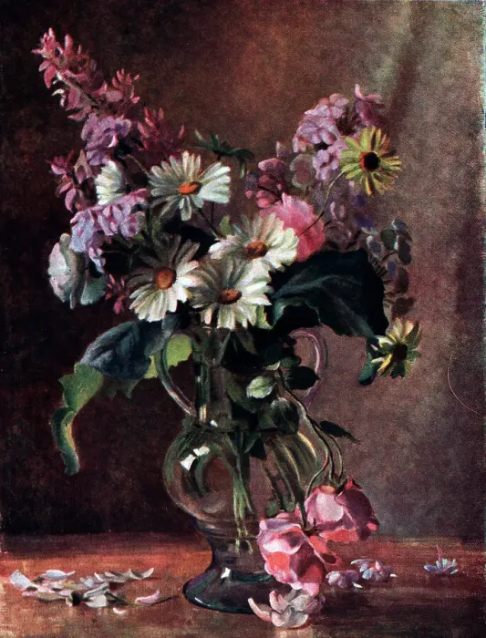 Framed Print : Still life oil painting of flowers including daisies in a large glass vase, with petals spilt out of it. Date: circa 1930 Framed Print : Still life oil painting of flowers including daisies in a large glass vase, with petals spilt out of it. Date: circa 1930