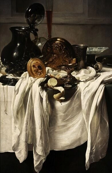 Still life with pewter and tall thin glass in a wall niche