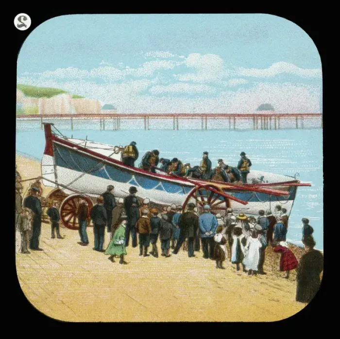 Framed Print : Lifeboat men in lifeboat on beach Framed Print : Lifeboat men in lifeboat on beach
