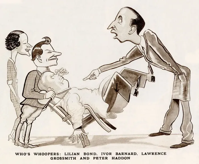Framed Print : Lilian Bond, Ivor Barnard, Lawrence Grossmith and Peter Haddon caricatured by Tom Titt in The Tatler in a scene from Who's Who by P. G. Wodehouse at the Duke of York's Theatre. Date: 1934 Framed Print : Lilian Bond, Ivor Barnard, Lawrence Grossmith and Peter Haddon caricatured by Tom Titt in The Tatler in a scene from Who's Who by P. G. Wodehouse at the Duke of York's Theatre. Date: 1934