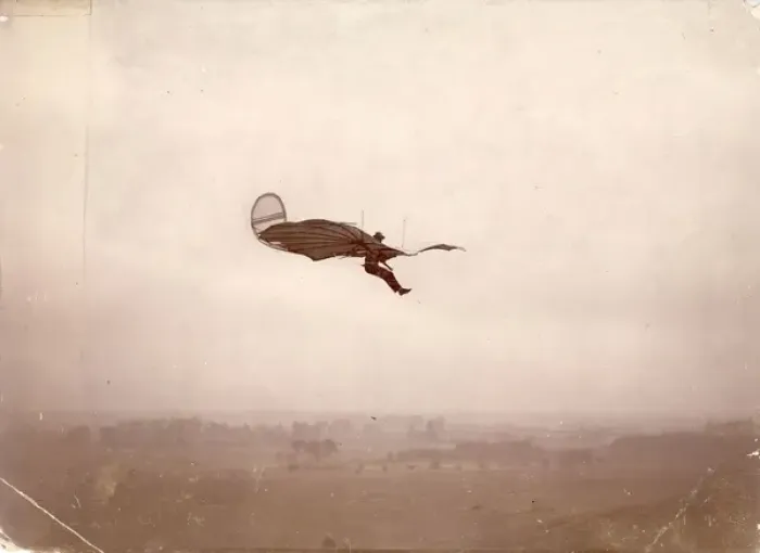 Framed Print : Lilienthal gliding from an artificial hill Framed Print : Lilienthal gliding from an artificial hill