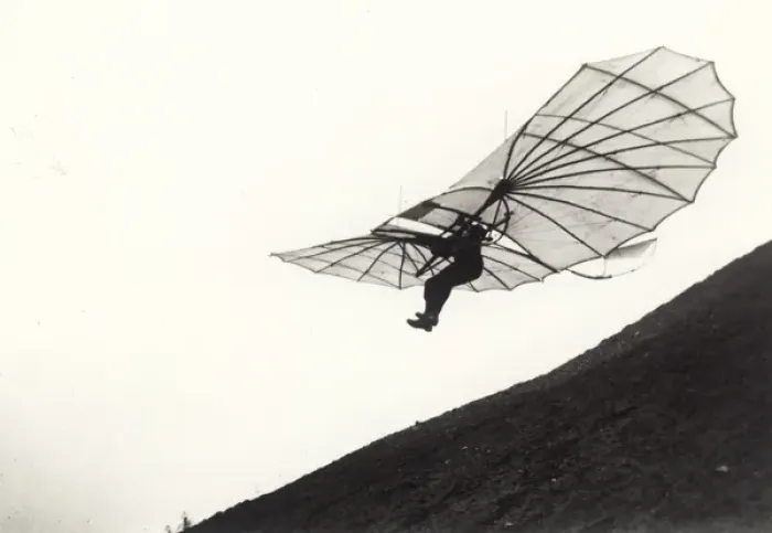 Framed Print : Lilienthal gliding from an artificial hill Framed Print : Lilienthal gliding from an artificial hill