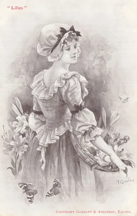 Framed Print : Lilies. A young lady in Georgian costume and a mob-cap, carrying baskets of lilies Framed Print : Lilies. A young lady in Georgian costume and a mob-cap, carrying baskets of lilies