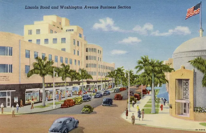 Framed Print : Lincoln Road and Washington Avenue, business district, Miami Beach, Florida, USA Date: 1941 Framed Print : Lincoln Road and Washington Avenue, business district, Miami Beach, Florida, USA Date: 1941