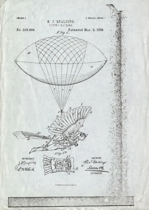 Framed Print : Line-Drawing of Mr R J Spaldings Patented Flying Machin? Framed Print : Line-Drawing of Mr R J Spaldings Patented Flying Machin?