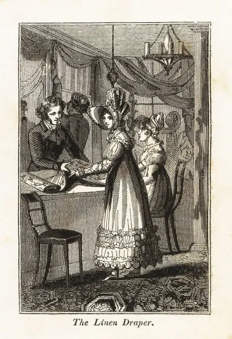 Framed Print : Linen draper with customers in a Regency shop Framed Print : Linen draper with customers in a Regency shop
