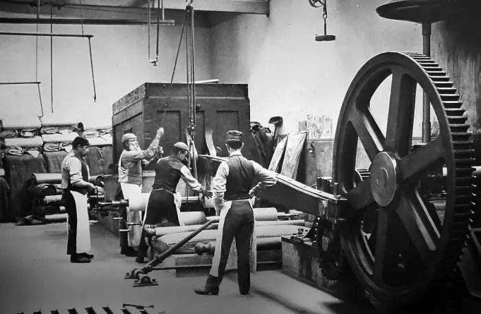 Framed Print : Linen manufacture, Stone mangle Framed Print : Linen manufacture, Stone mangle