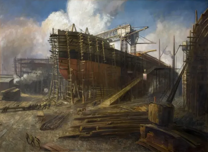 Framed Print : Liner on Stocks Central Panel of Triptych shipbuilding in Framed Print : Liner on Stocks Central Panel of Triptych shipbuilding in