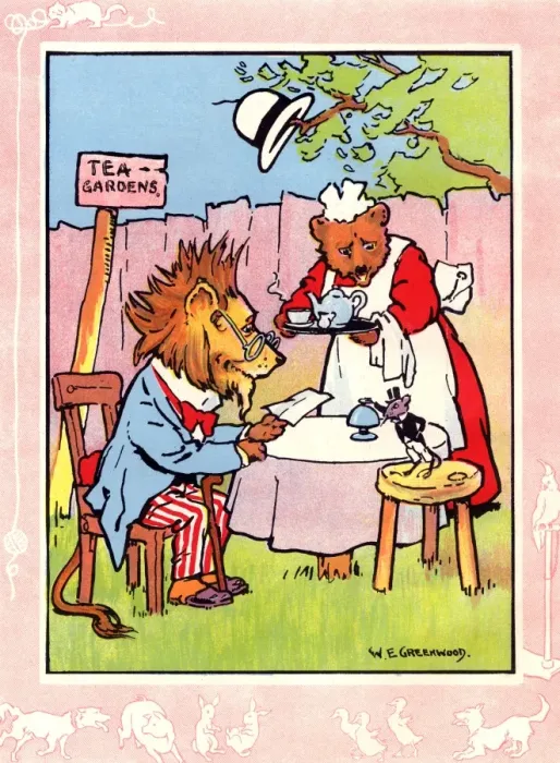 Framed Print : Lion at tea gardens with bear and mouse Framed Print : Lion at tea gardens with bear and mouse