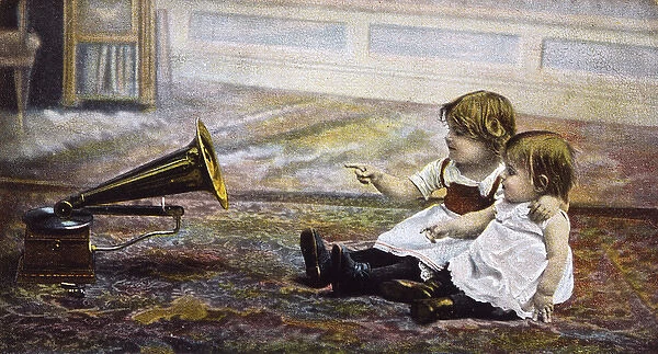 Two Listeners. Two children listen to an early disc gramophone Date: 1906