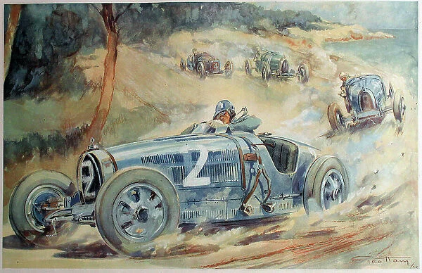 Lithograph, racing cars in action, Antibes Grand Prix