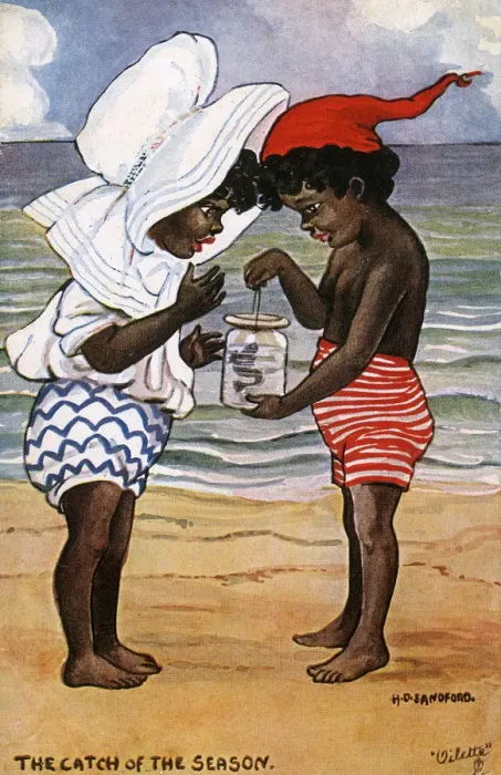 Framed Print : Two little black children on the beach - fish in a jam jar Framed Print : Two little black children on the beach - fish in a jam jar