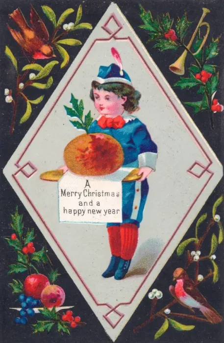 Framed Print : Little boy carrying pudding on a Christmas card Framed Print : Little boy carrying pudding on a Christmas card
