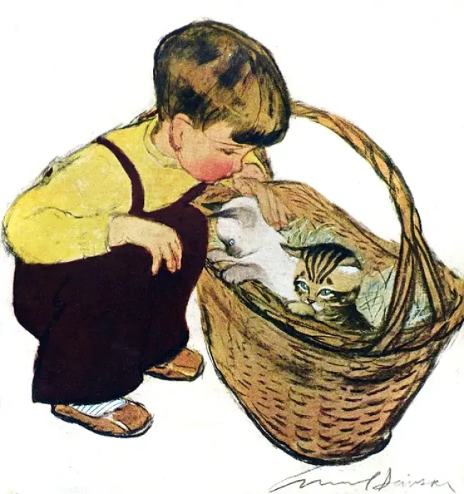 Framed Print : Little boy with cats by Muriel Dawson Framed Print : Little boy with cats by Muriel Dawson
